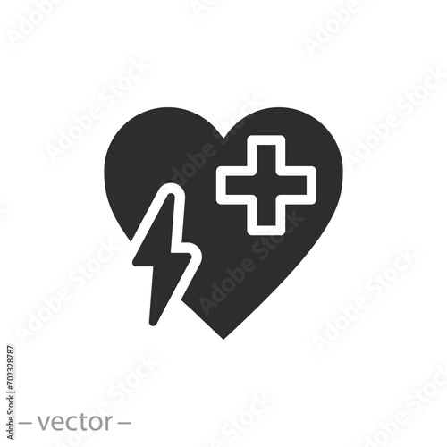 medical cross with heart and flash icon, emergency defibrillator, flat symbol on white background - vector illustration