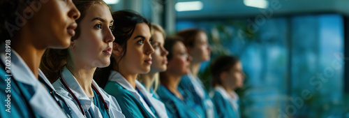 Candid shot of group of female nursing students excited about studying at college, medical colleagues at work, image with space for text. Created with Generative Ai technology. photo