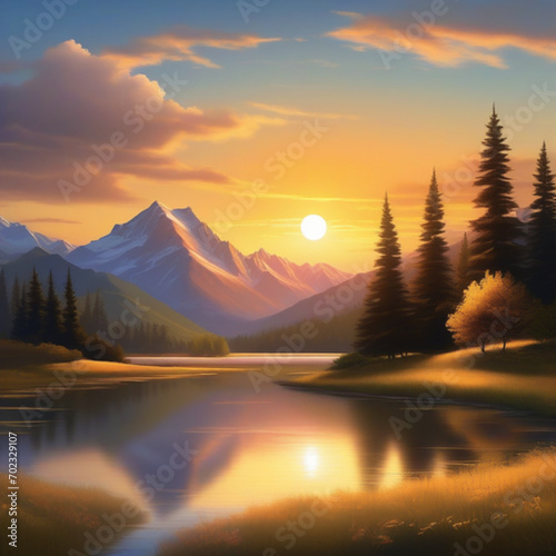a peaceful illustration of mountain landscapes during the evening.