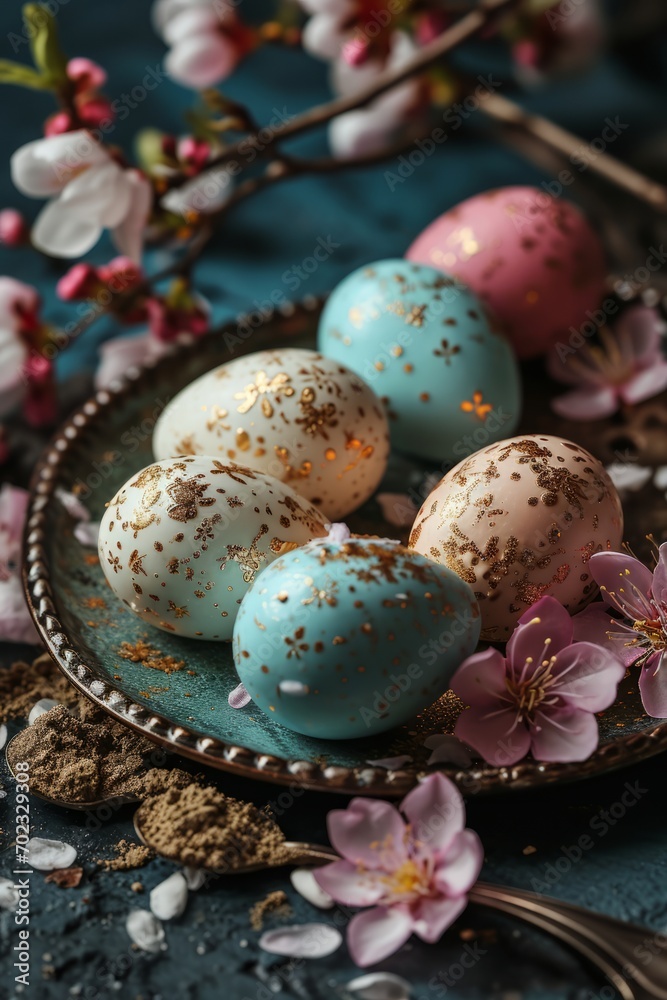 Artistic Easter Eggs with Floral Accents.
Painted Easter eggs with delicate floral patterns on a dark background.