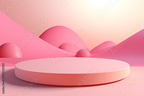 The landscape view of abstract pink podium with rounded and texture surface for product presentation 3d model rendering. Generative AI. © Surachetsh