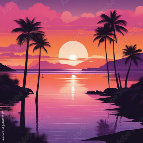 Generate serene coastal sunset  calm beach  waves  palm trees  warm hues. Convey peace as day transitions  capturing beauty in the coastal sunset.