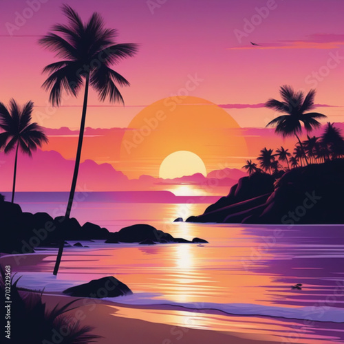 Generate serene coastal sunset: calm beach, waves, palm trees, warm hues. Convey peace as day transitions, capturing beauty in the coastal sunset.