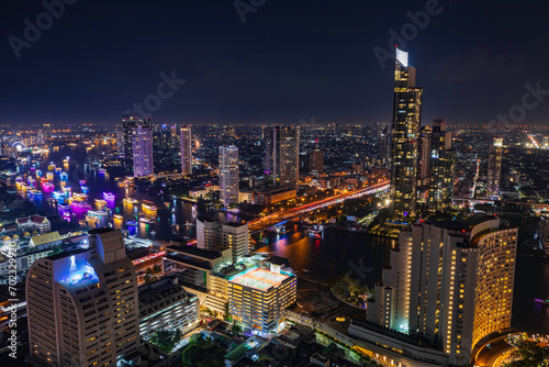 Beautiful cityscape Bangkok river boat business district and residential. In the twilight, © chitsanupong