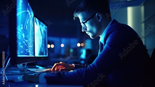 businessman is focused on working on a work report in front of the computer
