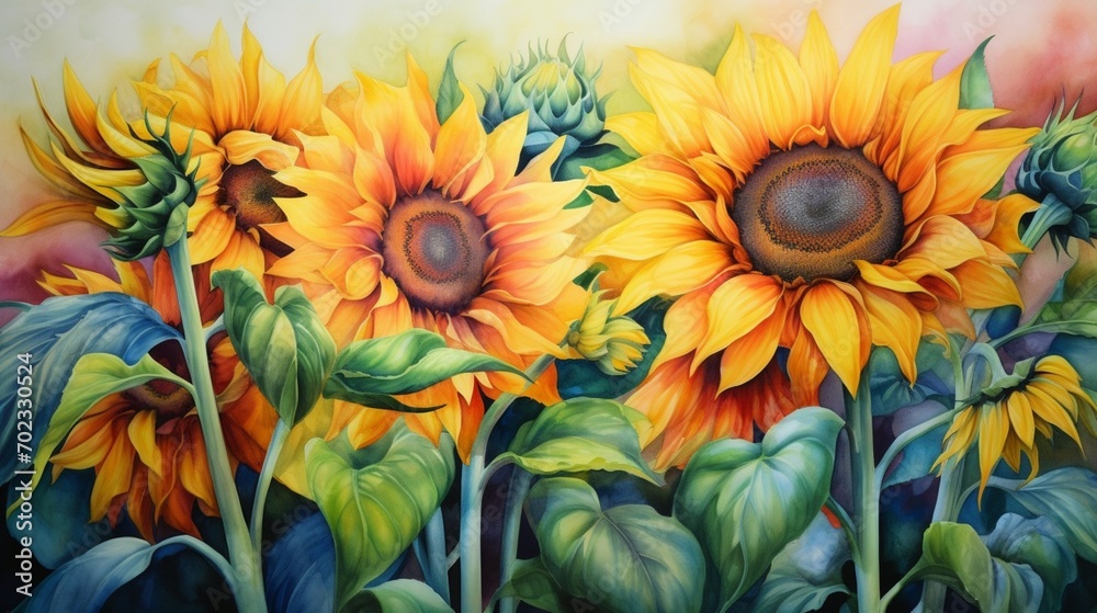 Field of watercolor sunflowers
