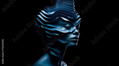 Abstraktes Portrait einer Frau mit 3D-Wellen-Formen als Kopfschmuck. Schwarzer Hintergrund. Illustration in dunklen kühlen Farben