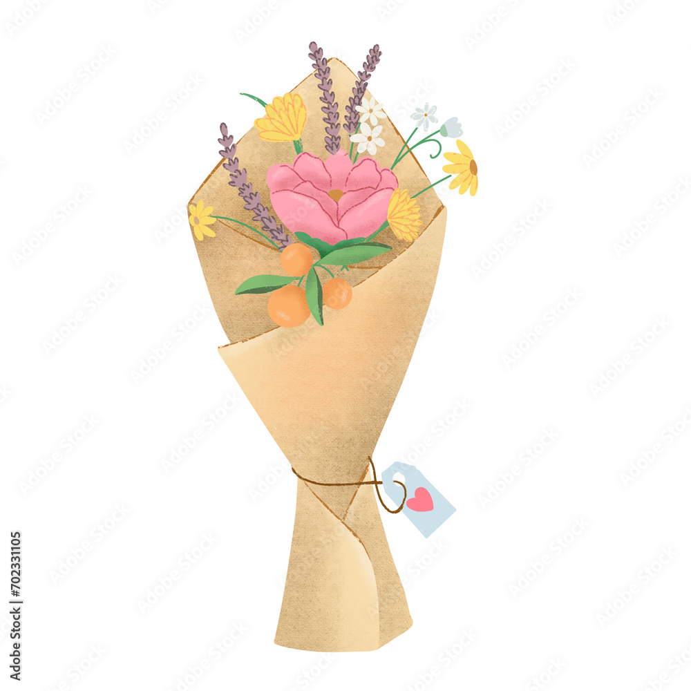 a bouquet of selected flowers wrapped with brown paper and a love card hanging. a bouquet of selected flowers wrapped with brown paper and a love card hanging.