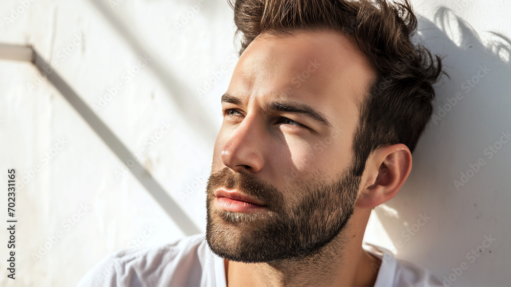 Obraz premium contemplative thoughtful male model masculine stubble beard and sunlight