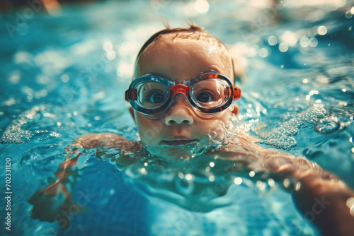 the joy of a newborn baby wearing swimming glasses, exploring the underwater world with colorful aquatic elements © lublubachka