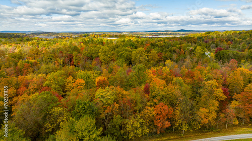 An Aerial View of a Colorful Autumn Forest on a Sunny Fall Day