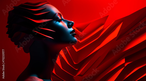 Sinnliches Portrait einer Frau mit geschlossenen Augen vor rotem geometrischen Hintergrund. Profil. Abstrakte Illustration photo