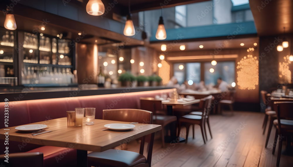 Lofty chill restaurant with wooden table and Depth of field , blurred background