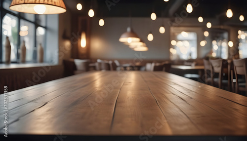 Lofty chill restaurant with wooden table and Depth of field , blurred background © Gia