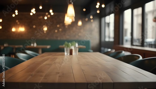 Lofty chill restaurant with wooden table and Depth of field , blurred background