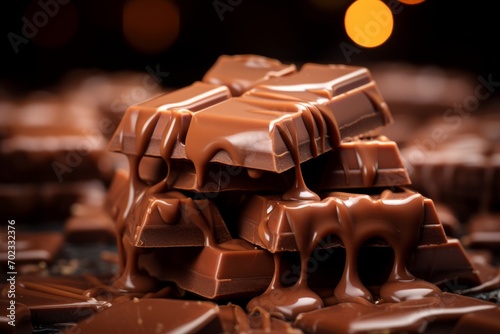 Pieces of milk chocolate drizzled with melted chocolate on the black table