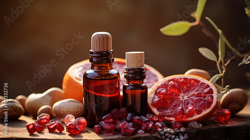 bottle, jar with pomegranate essential oil extract