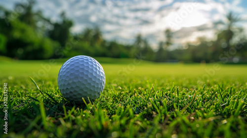 Close up of a golf ball on tee with a green grass background 