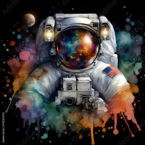 Watercolor astronaut in space with color splashes on black background. © R-CHUN