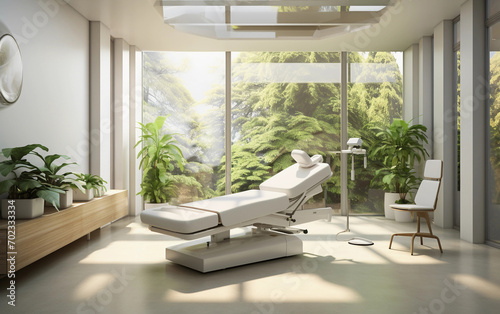 Futuristic chiropractor clinic room. Plants inside. Natural light, simple and minimalist photo