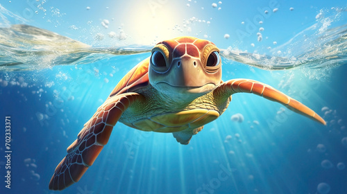 Funny turtle over the surface of the water. Сartoon turtle in the sea photo