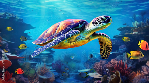 Photo Large turtle at the bottom of the ocean with a coral reef in the background