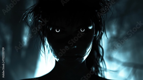 A Silhouette of a Lady with her Eyes Glowing in the Dark - Aggressive Emotional Misty Gothic Dark White and Dark Black Background - Gothic Woman Art Wallpaper created with Generative AI Technology