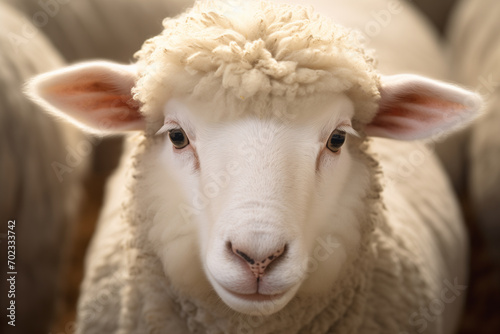 head of white sheep close-up, ears to sides, curly-haired, looks at camera, selective focus
