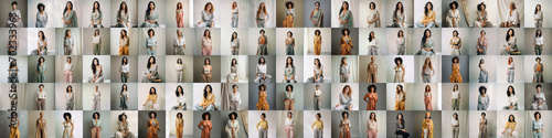 100 diverse happy women fashion portraits, a lot of different female faces collage. Multiethnic businesswomen, many stylish african, asian, indian and european ladies set montage mosaic network. photo