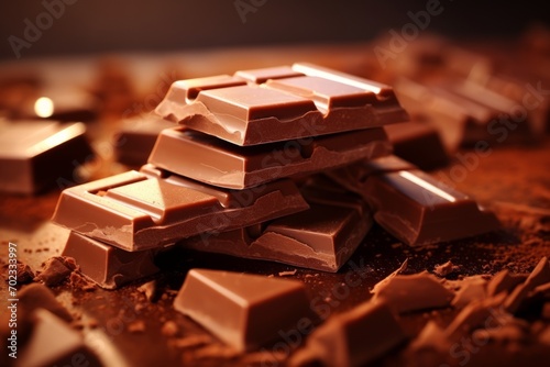 A heap of pieces of milk chocolate with chocolate crumb on the blurred background photo