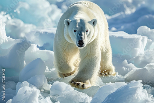 The serene beauty of a polar bear gracefully navigating an Arctic ice floe