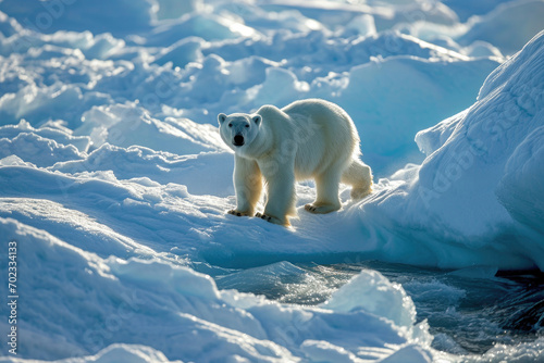 The serene beauty of a polar bear gracefully navigating an Arctic ice floe
