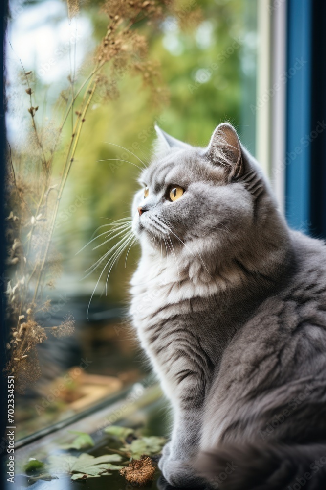 Obraz premium A fat gray cat looked out the window and its reflection was in it.