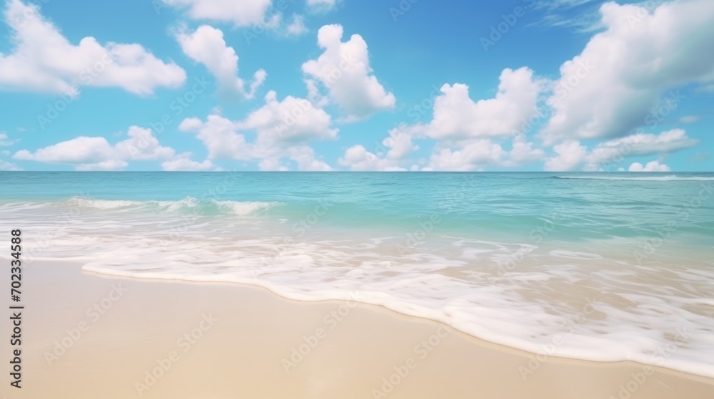 Background of tropical beach and blue sea and blurred sky, white clouds with sunlight angel.