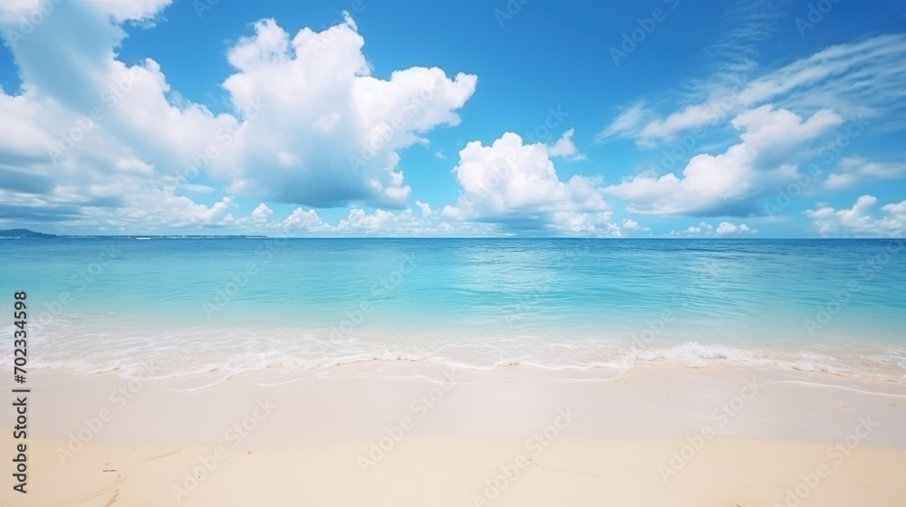 Background of tropical beach and blue sea and blurred sky, white clouds with sunlight angel.