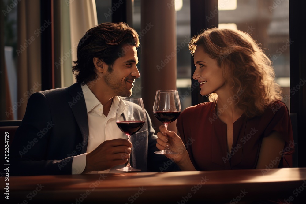 Couple with a glass of red wine in a luxury restaurant