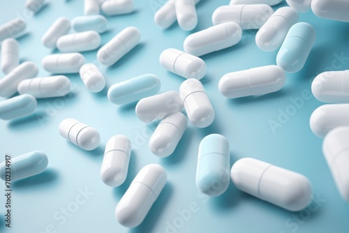Pastel blue and white pill capsules float in zero gravity. photo