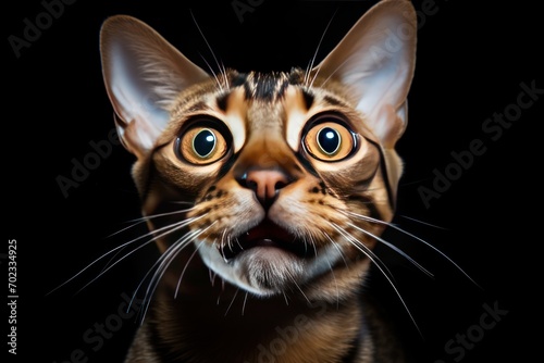Portrait of a brown Bengal cat making a funny face,