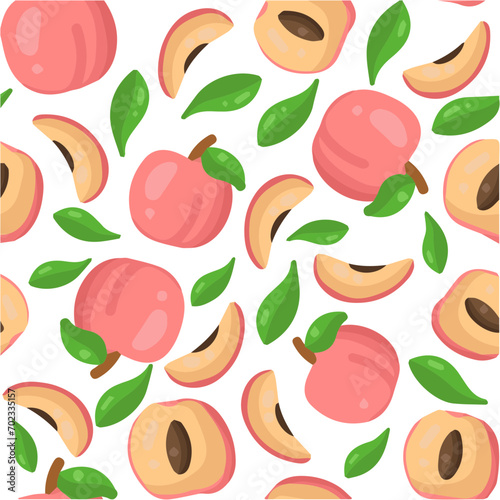 Seamless vector pattern with peach fruit and leaves