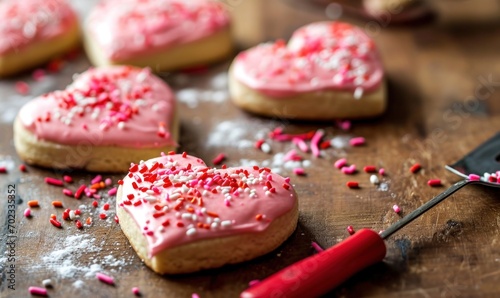 Valentine's Day heart-shaped cookies with sprinkles — Generative AI