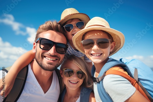summer vacation concept Family having fun, father and mother holding their son, looking at the camera and sky background