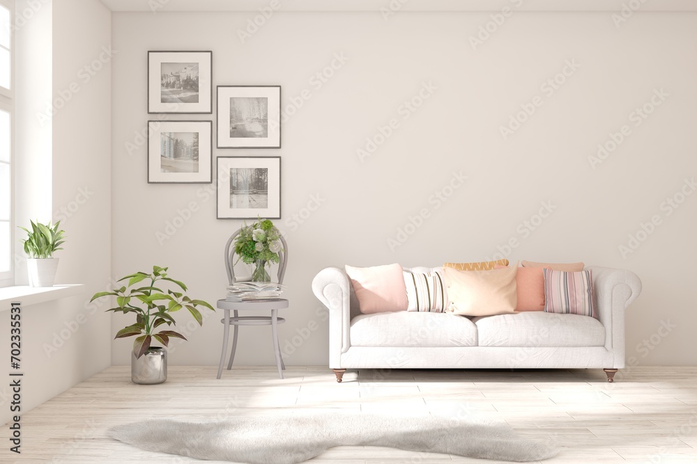 Naklejka premium White scandinavian interior design with sofa. 3D illustration
