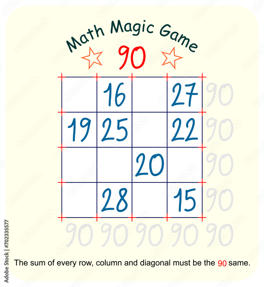 Magic math game. (Magic square) Recreational mathematics and educational series vector illustration. Magic math game. (Magic square) Recreational mathematics and educational series vector illustration.