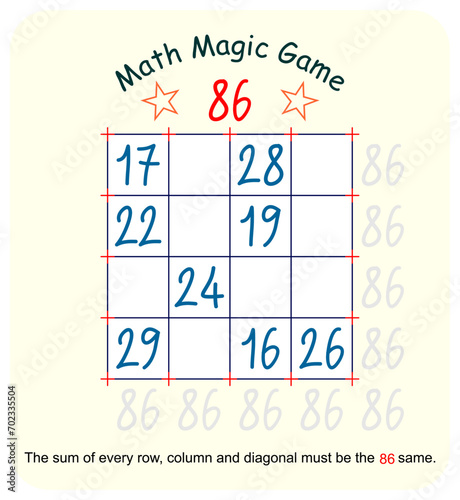 Magic math game. (Magic square)  Recreational mathematics and educational series vector illustration.
