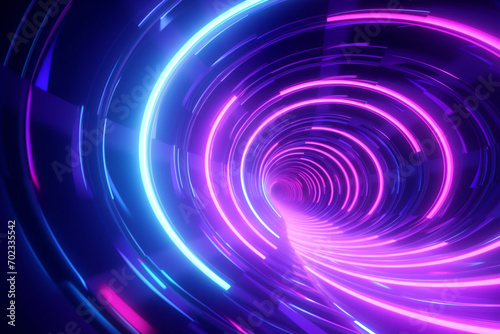Gradient neon spiral metal tunnel background. Endless flight forward. Modern neon lighting. 3d illustration