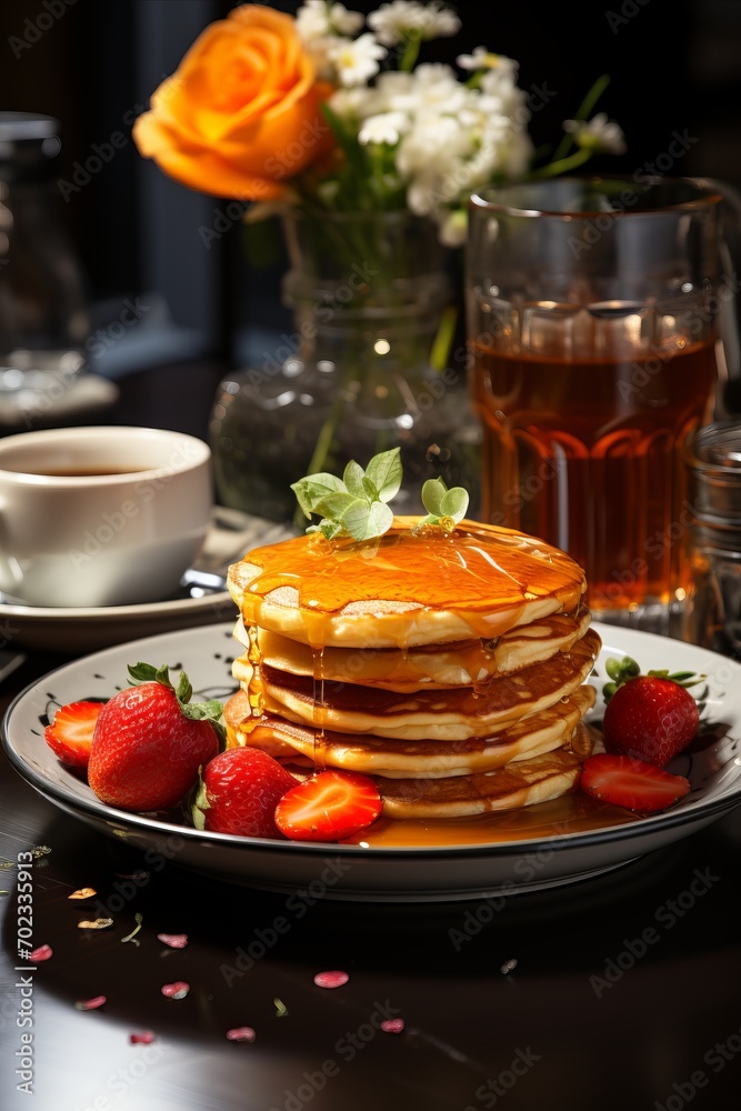 Traditional breakfast with pancakes, honey and berries. Traditional breakfast with pancakes, honey and berries.