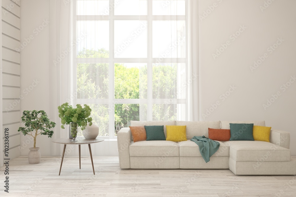 Fototapeta premium Bright interior design with modern furniture and summer landscape in window. 3D illustration