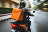 delivery man with orange rectangular backpack on moped, back view, blurred backgroundsdelivery man with orange rectangular backpack on moped, back view, blurred backgrounds
