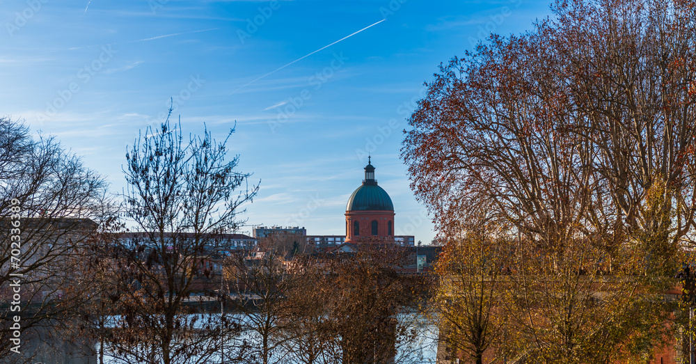 The Dome de la Grave in the background, from Daurade square, on the Garonne in Toulouse, Haute-Garonne in Occitanie, France