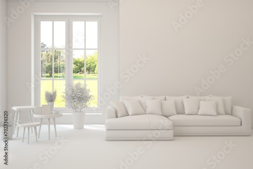 Grey living room concept with sofa and summer landscape in window. Scandinavian interior design. 3D illustration